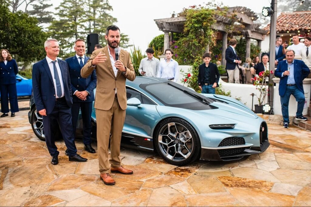 Pristine Bugatti Chiron displayed in a modern service bay with soft natural lighting